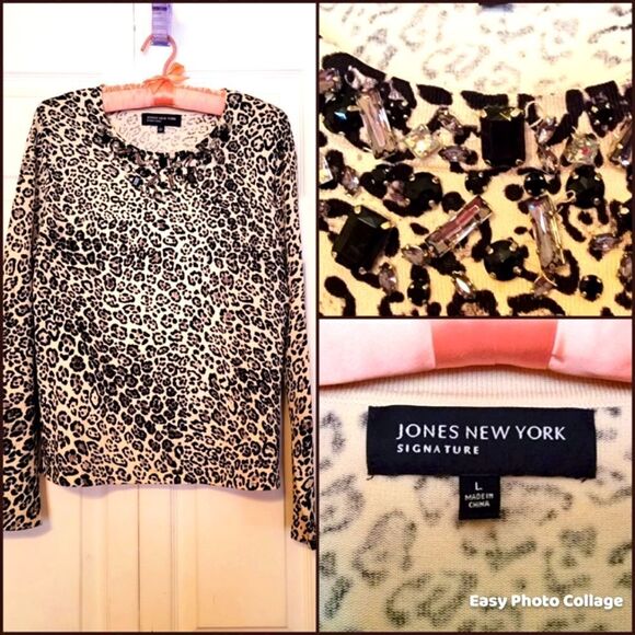 #027 Jones New York- Leopard Print Jeweled Neckline Sweater.sz L - Picture 1 of 6
